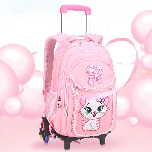 Children School backpack for Girls Cute Cat School Students Backpack For Kids Wheeled Backpack Bag Trolley School Bags On Wheels