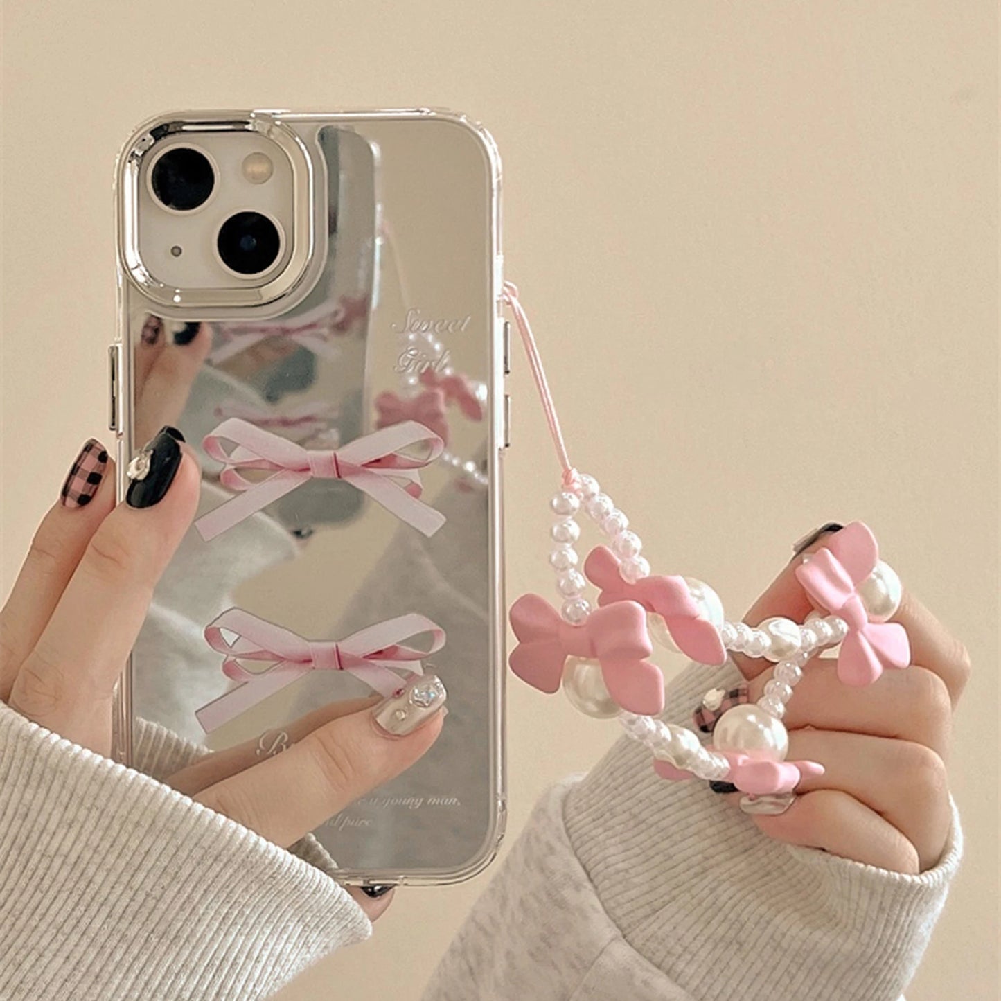 Two pink bow mirror phone cases for iPhone 15 14 13 12 11 drop resistant mirror phone cases with bow chain