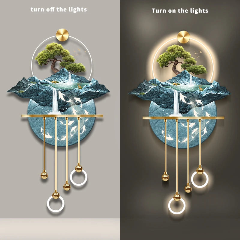 Entrance Decoration Pendant Lamps Luxury Abstract Plant Corridor Hanging Painting TV Background Wall Painting With Light Lustre