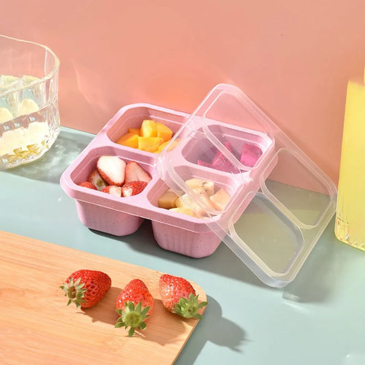 Reusable 4 Compartments Lunch Box Snack Dim Sum Nut Candy Box with Cover Wheat Straw Four Grid Snack Containers Meal Prep