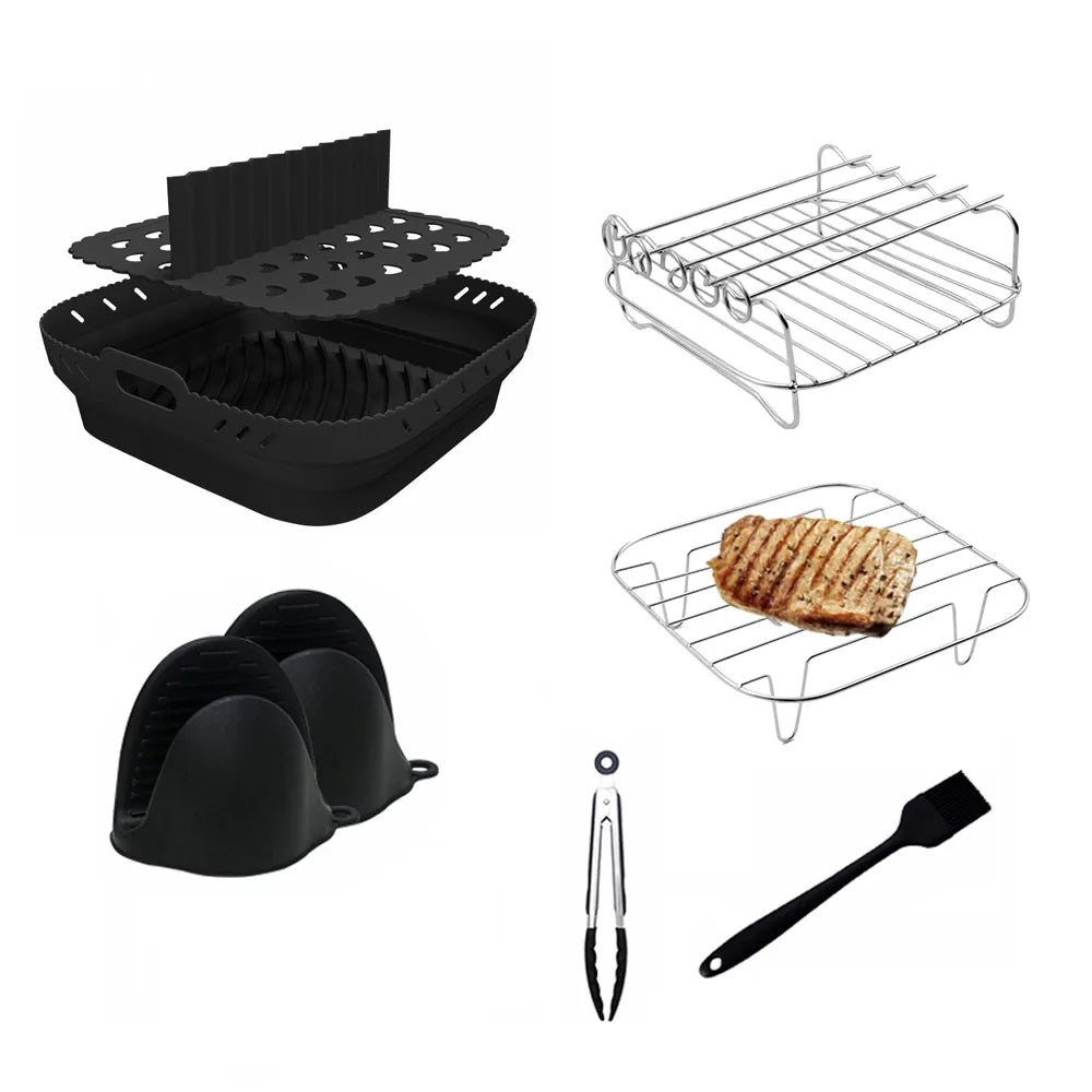Air Fryer Accessories Silicone Air Fryer Liners with Stainless Steel Grill and Steaming Rack & Skewers Set
