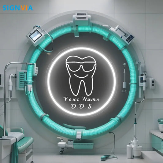 Custom Neon LED Tooth Sign with Glasses USB-Powered Wall Decor for Dental Parties Personalized Name White Light Circular Decor