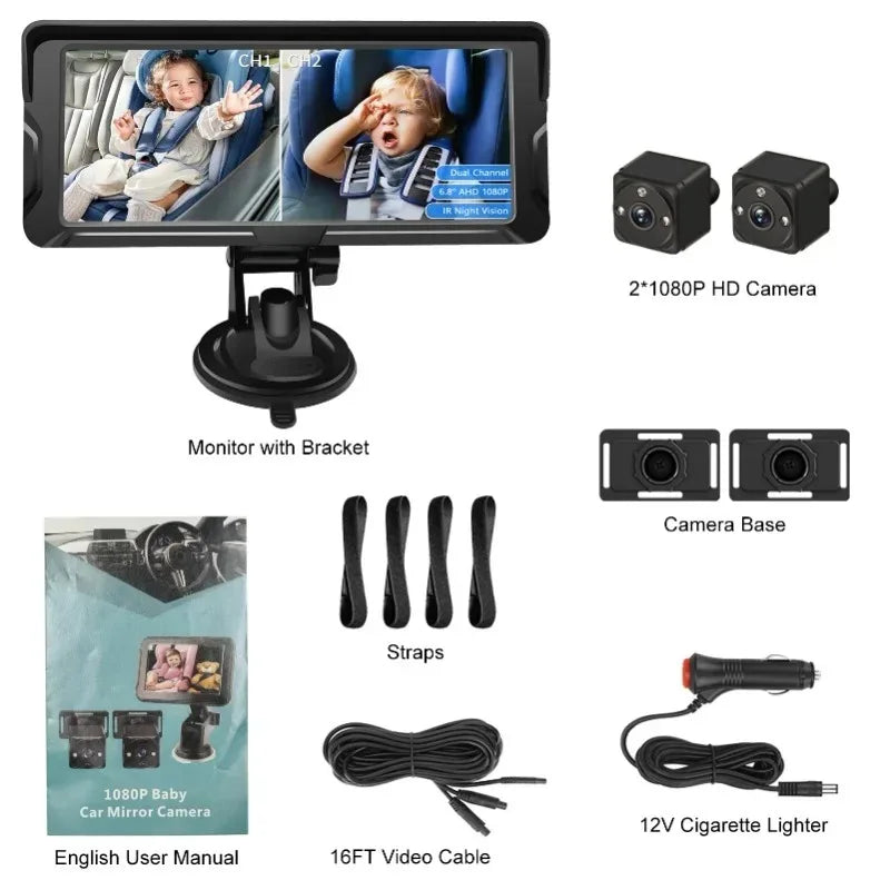 6.8 Inch Wireless Baby Car Monitor Dual Lens Full HD Screen Night Vision Rear Seat Camera System Easy Installation for SUV Sedan