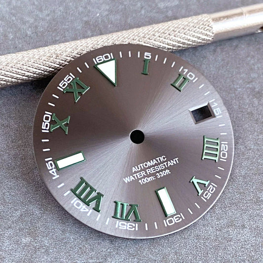29mm Gray Sunburst Watch Dial fit NH35 NH35A NH36A Steel Green Roman Numerals Index Hand Set Watch Parts Accessories