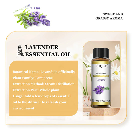 EUQEE 10ml Pure Natural Essential Oil Lavender Jasmine Eucalyptus Vanilla Sandalwood Sweet Orange Lemon Oregano Neroli Fragrance