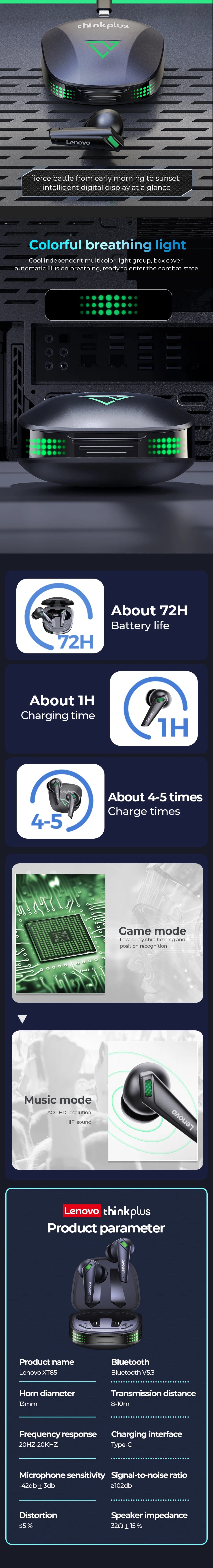 ERAZER XT85 Gaming Bluetooth 5.3 Earphone Wireless Headphones Stereo Sound Headsets with Mic Touch Control Lenovo Earbuds