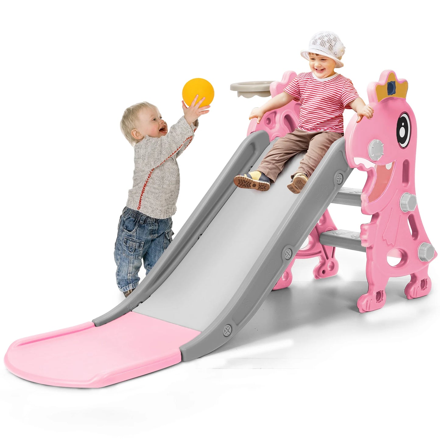 3 in 1Toddlers Slide Board Indoor Children Slide Kids Slide Dinosaur Shape Non Slip Stairs with Basketball Hoop Climber