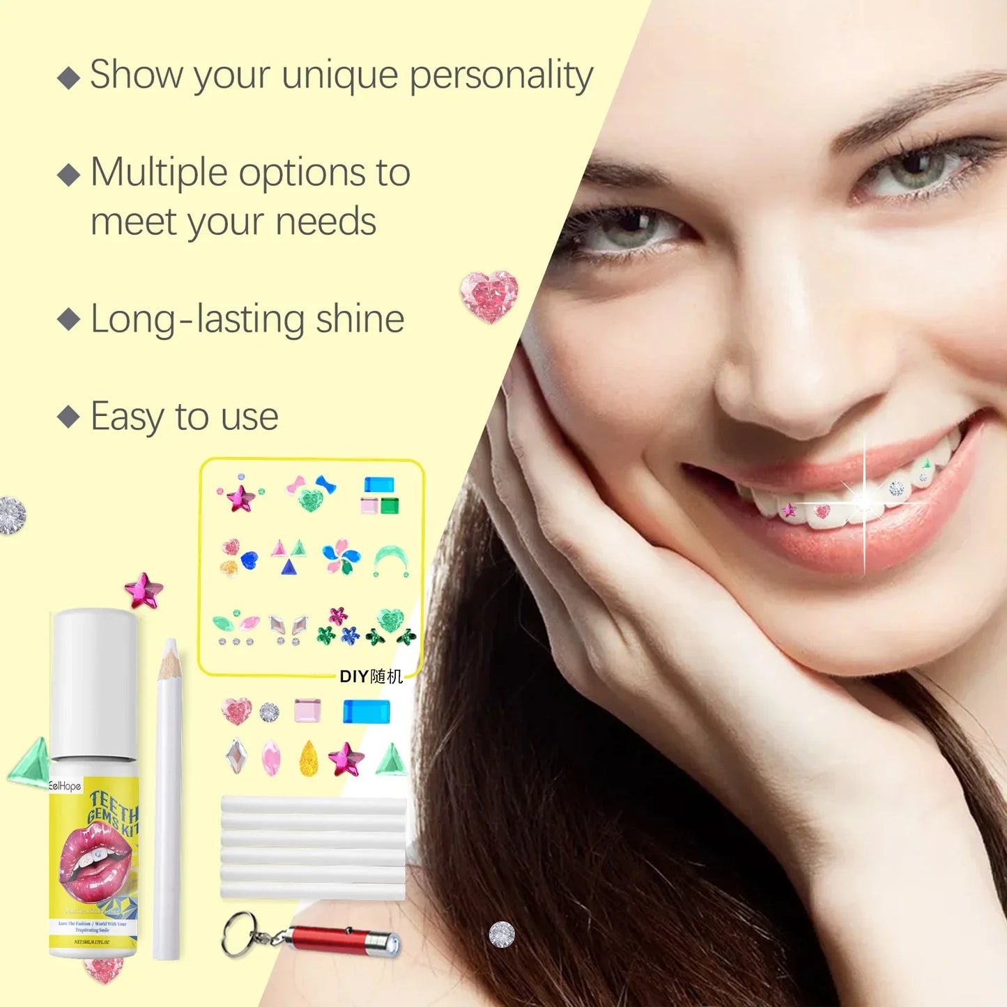 Eelhope Dental Diamond Decoration Set Teeth Fashion Beauty Decoration Diamond Lights up Personality Shining Dental Diamond