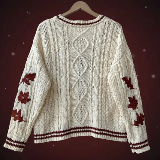 Autumn Leaves Cardigan Women Beige Knitted Cardigans with Red Maple Leaf Embroidery Folklore Girl Oversized Sweaters Tops Y2k