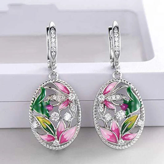 Huitan Creative Design Pink Flowers Enamel Earrings for Women Silver Color Luxury Crystal CZ Green Leaf Earrings Fashion Jewelry