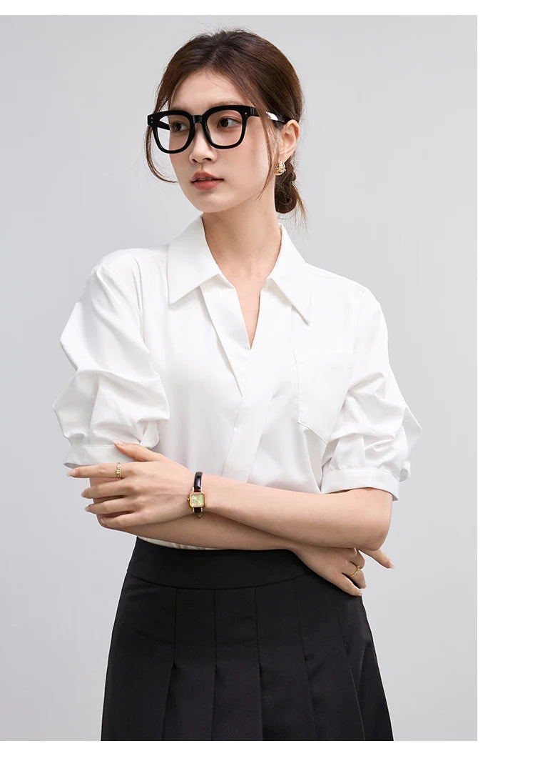 Office Lady Basics Fashion White Shirts New Women Summer Work Solid V Neck Tops Blouses French Design Interview Shirt Cotton