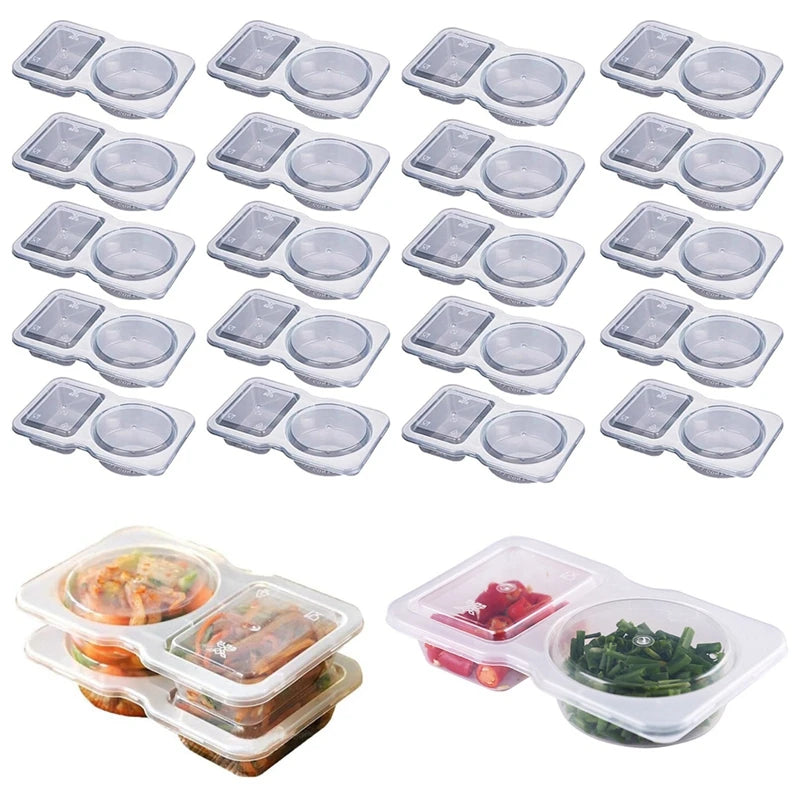 20pcs Plastic Double Compartment Condiment Containers with Lids, Reusable, Disposable 2-Compartment Snack Cups for To-Go Sauces