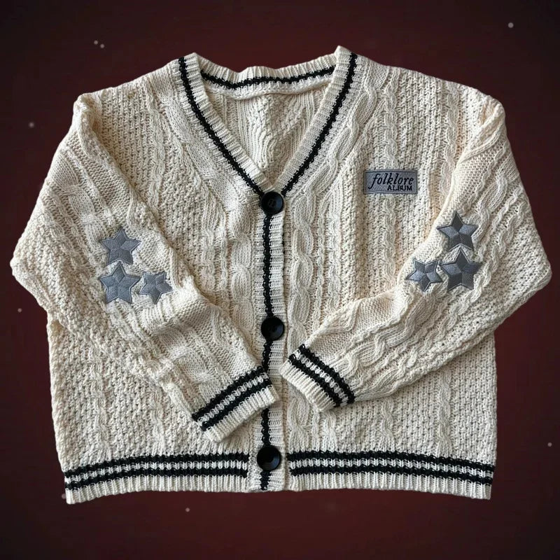 Autumn Leaves Cardigan Women Beige Knitted Cardigans with Red Maple Leaf Embroidery Folklore Girl Oversized Sweaters Tops Y2k