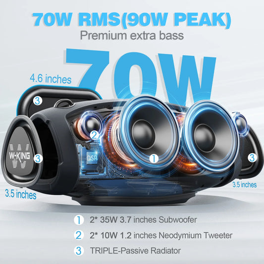 W-KING (120W PEAK)70W Portable Loud Bluetooth Speakers with Wireless Microphone, Waterproof Outdoor Wireless Bluetooth