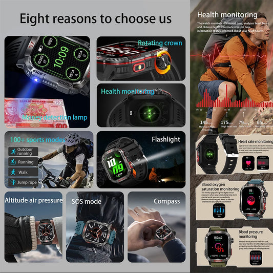 2024 New Durable Military Smart Watch Bluetooth Call Outdoor Sports Track Tracker Men's and Women's Smartwatches LED Flashlight