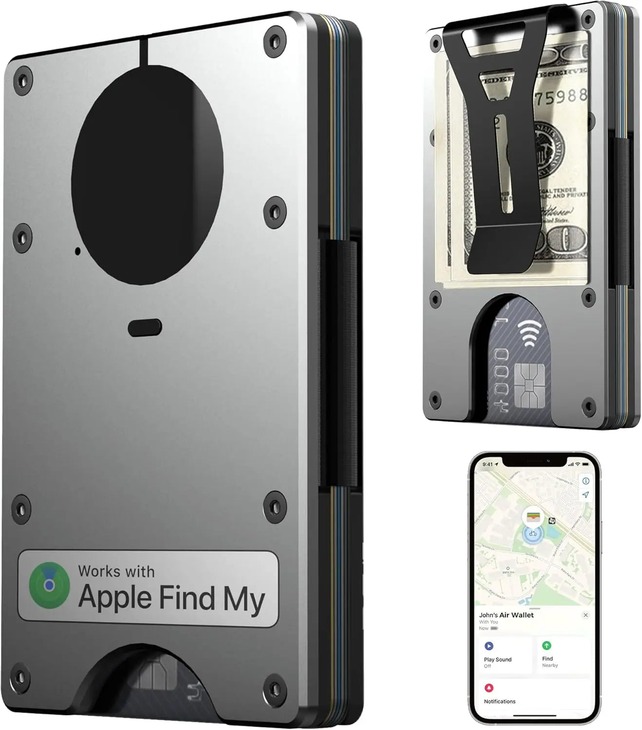 RFID Blocking Credit Card Holder, Slim Wallet For Men, Compatible with Find My iOS Only, Detachable Money Clip