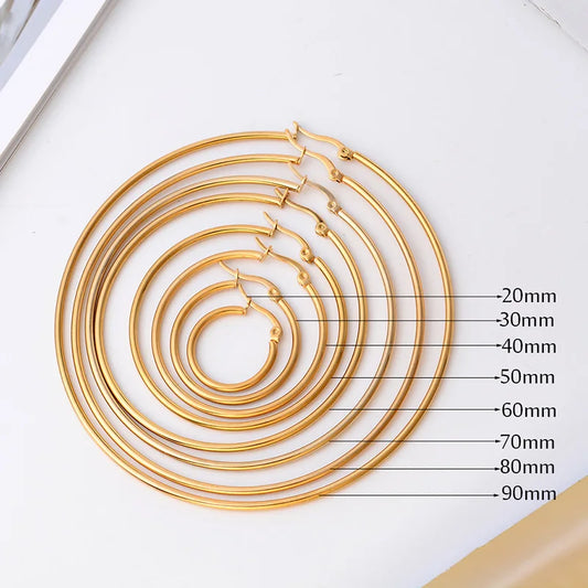 Stainless Steel Big Earrings Smooth Large Hoops Exaggerate Round Loop Ear Ring for Women Jewelry 20-90mm
