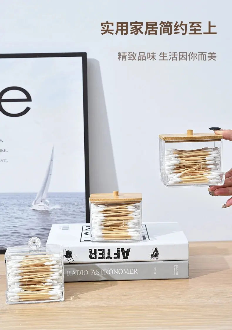 1set Transparent Acrylic Wood Cover Cotton Swab Box With 500 Cotton Swabs Cosmetic Cotton Storage Box