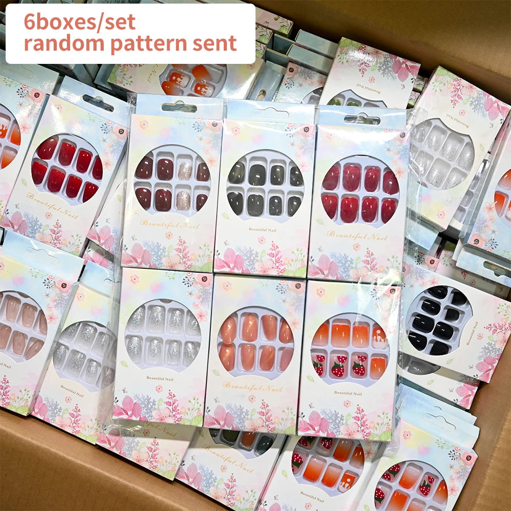 144pcs=6boxes Randomly Press On Nails Short Square Medium Almond Nail Kits 3D Rhinestone Flower Bowtie Reusable Press On Nails