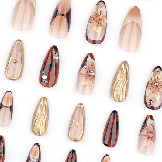 24Pcs Gold Ripple Brown Flowers False Nails with Rhinestones Pearl Design Wearable Almond False Nails Full Cover Press on Nails
