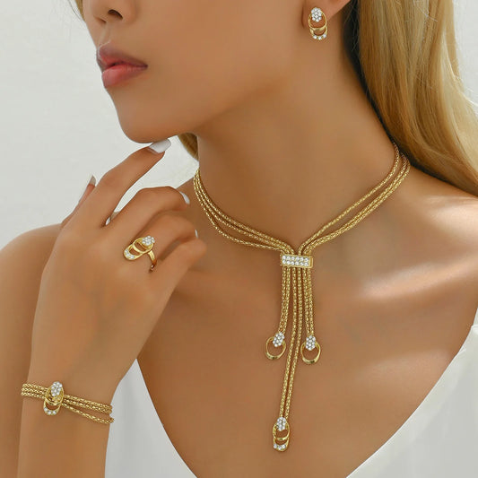 2025 Fashion Jewelry Set Luxury Alloy Long Tassel Necklace Bracelet Earrings Rings Elegant Women Banquet Wedding Accessories