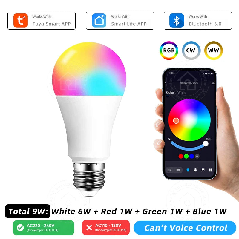 E27 Smart Bulb Tuya Bluetooth LED Light Bulb 18W 15W 9W 220V RGB Lamp APP Control Timer Dimmable Music Sync Work With Smart life