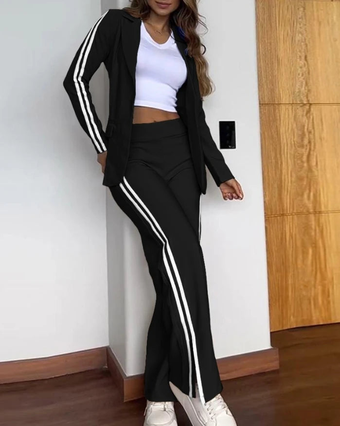 Women's Fashion Suits Autumn Winter Latest 2025 Striped Side Sporty Tape Notched Collar Front Button Blazer Wide-Leg Pants Set