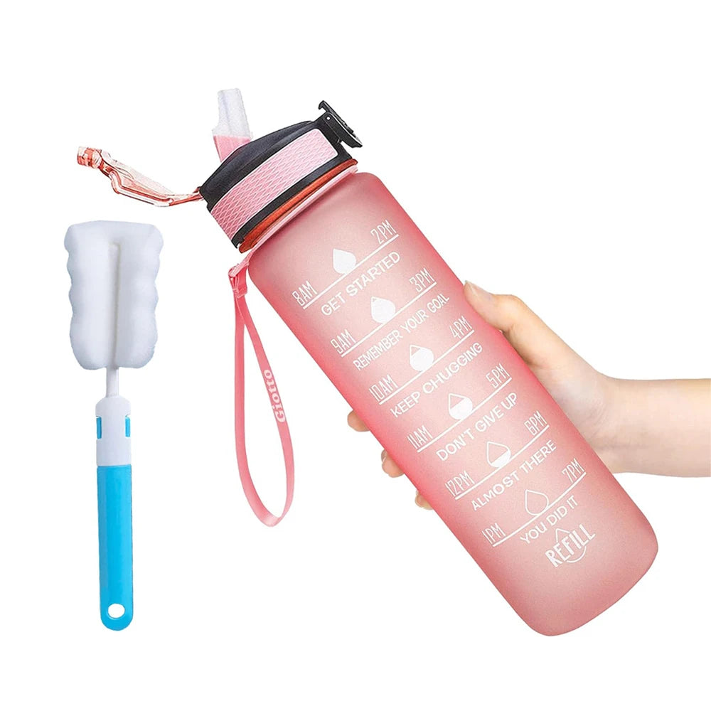 1L Water Bottle With Straw 32oz Water Bottle With Time Marker Motivational Tritan, Bpa Free Leak Proof Water Cup with Brush