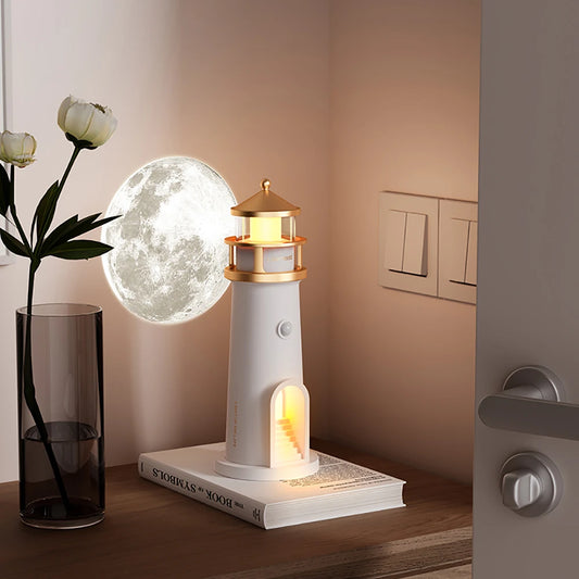 Bluetooth White Lighthouse Noise Music Night Light Dimmable Decorative Sensor Beside Nightlights Moon Projection Desktop Lamp