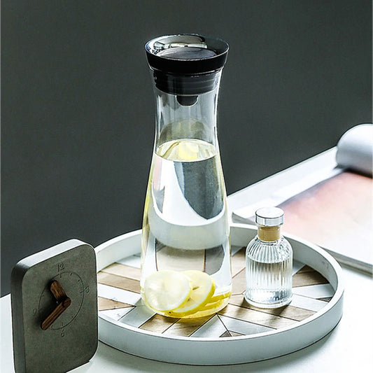 Water Bottle 1.8L High Borosilicate Glass Bottle Basic Tilting Stainless Steel Lid Closure Jug Hot and Cold Juice Beverage Tea