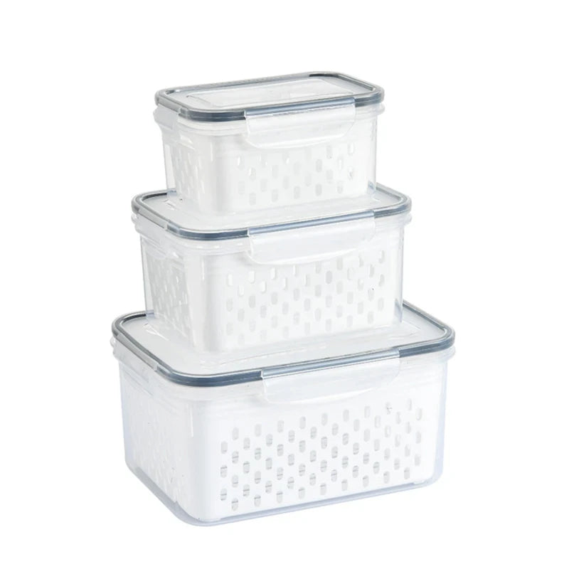 3Pack Fridge Food Storage Container Set with Lids with Strainer Kitchen Storage Boxes Fruit Vegetable Organizer