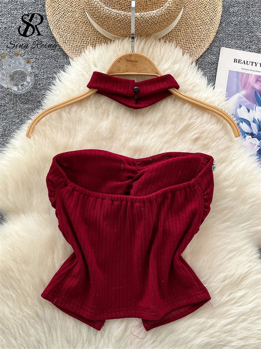 SINGREINY Strapless Sexy Ladies Top Summer Halter Beading Design Split Camisole Korean Skinny Streetwear Hotsweet Tank Top