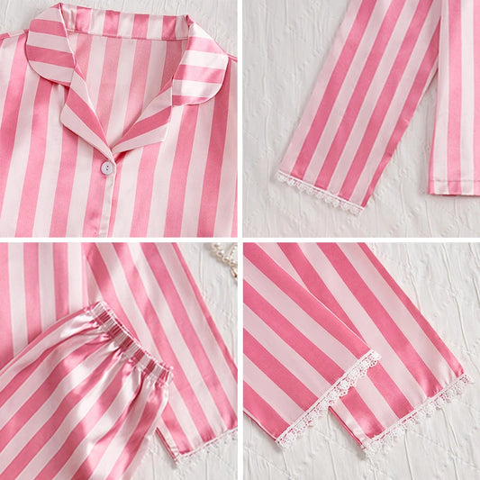 Women's sleepwear two piece set spring autumn satin long sleeved top long pants two piece set casual comfortable home suit set