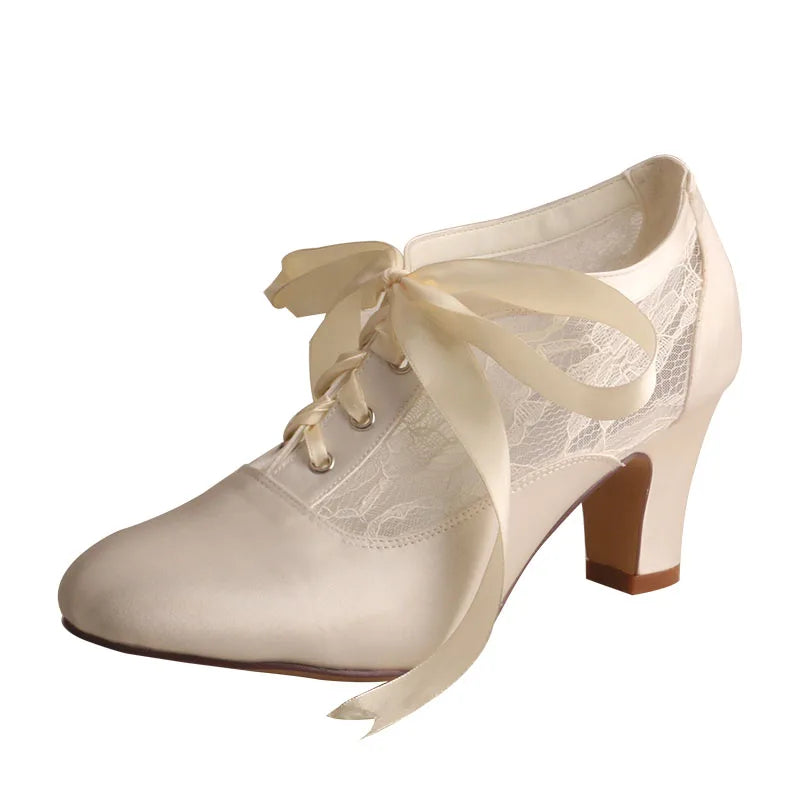 Customized Block Heels for Ladies Wedding Shoes Womens Ivory White Bridal Boot 7.5CM