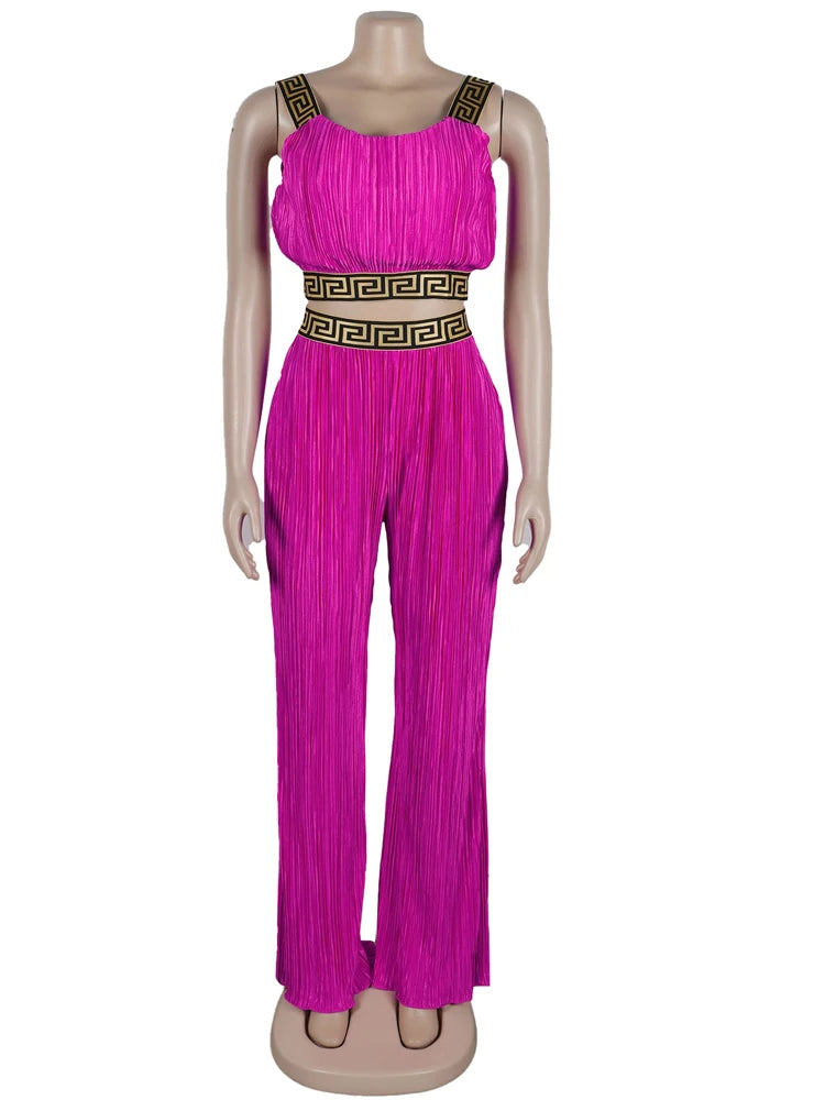 Bonnie Forest Elegant Sleeveless Printed Rcuhed Crop Top And Palazzo Pants Set Chic Tracksuit Female Clubwear Night Club Outfits