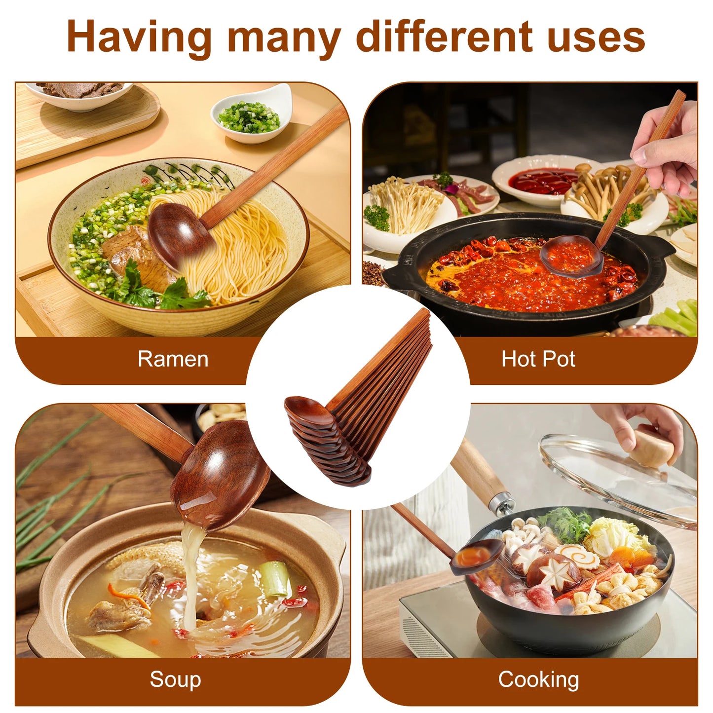 10PCS Wood Soup Spoon with Long Handle Japanese Style Ramen Spoon Large Hot Pot Spoon Tortoise Shell Spoon Serving Spoon