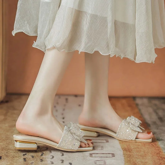 2023 New Chunky Heel Fashion Flat Ladies Rhinestone Slippers Womens Shoes Comfort Summer Peep Toe Shoes