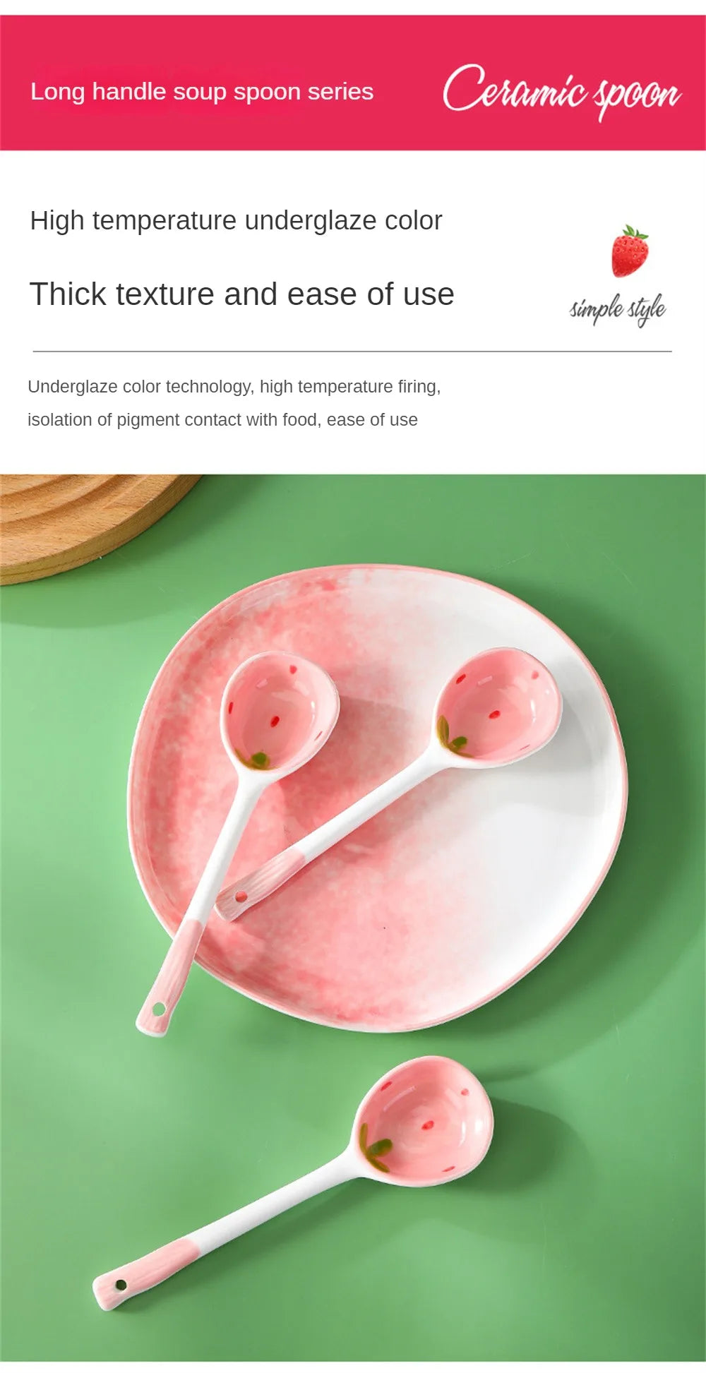 Strawberry Long Handled Ceramic Spoon Cute Household Stirring Spoon High Appearance Spoon Children's Soup Spoon