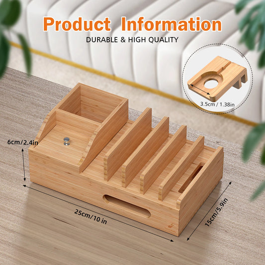 Bamboo Charging Station for Multiple Devices Desktop Organizer for Phones Tablet Wooden Docking Stations