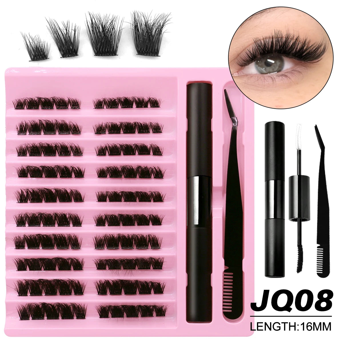 GROINNEYA DIY Lash Extension Kit Lash Clusters With Waterproof Strong Hold Lash Bond And Seal And Eyelash Tweezers Lash Cluster
