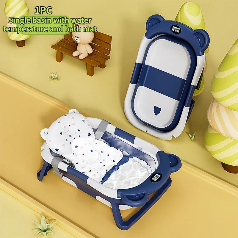 Foldable Baby Bathtub with Temperature Sensor for Newborn Toddlers Children Bathing Sit Lie Down Shower Tray Home Travel Tub