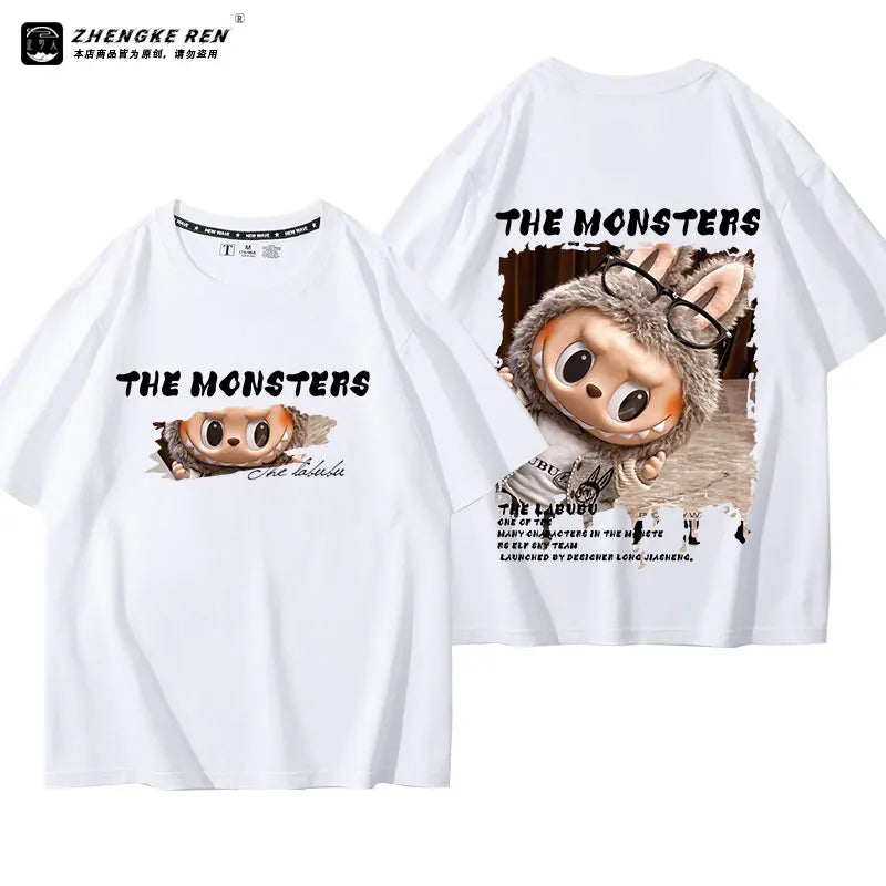 LABUBU The Monsters T-Shirt Cartoon Print Pure Cotton Short-Sleeved Top Couple Versatile Casual Trend Clothes For Adult Gift