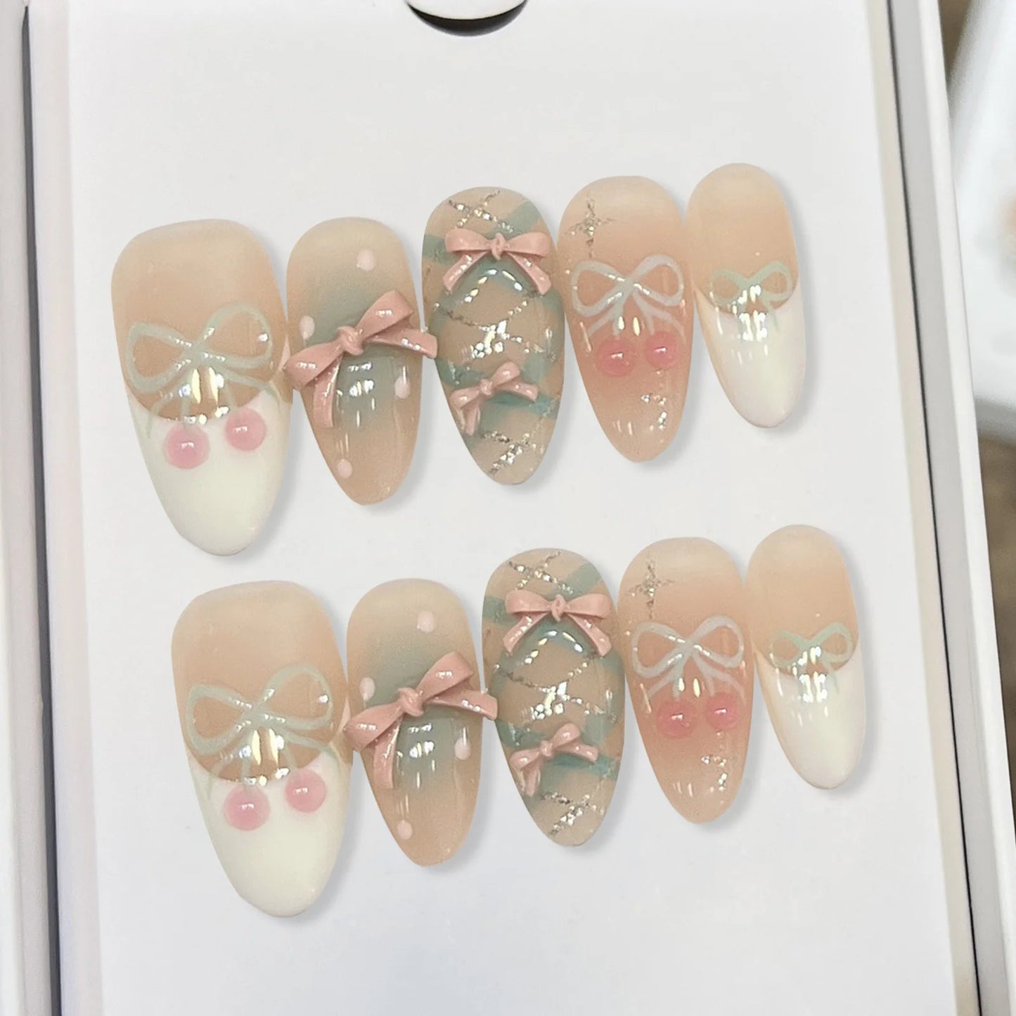Gentle Nude Handmade Press On Nails With 3D Bowknot Decor Reusable Adhesive False Nails 10pcs Short Long Almond Shape Fake Nails
