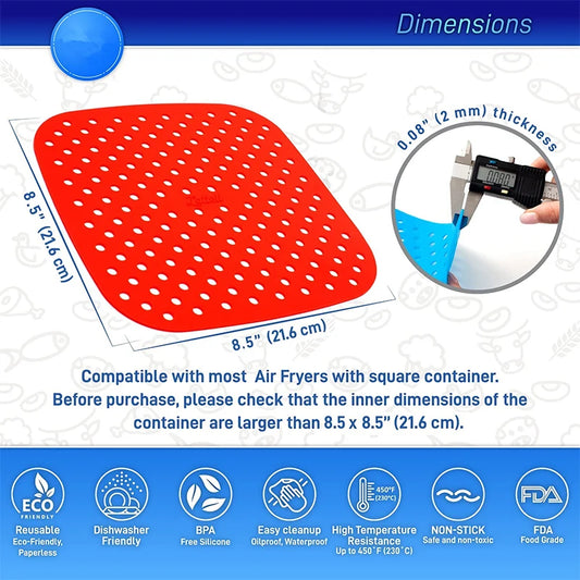LMETJMA 3Pcs Silicone Air Fryer Lines Reusable Air Fryer Liners 8.5Inch Square Non-Stick Air Fryer Mat for Frying Steaming JT153
