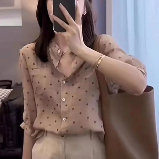 Elegant Summer Tops for Office Wear with Collar and Polka Dot Blouse for Women
