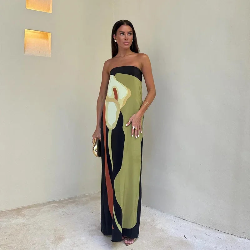 Summer Avocado Print Strapless Dress Women Fashion Loose Off Shoulder Contrast Color Dresses Sexy Ladies Holiday Streetwear