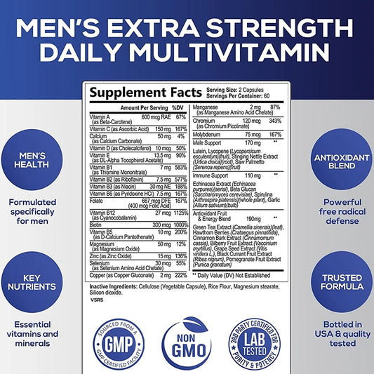 Men's Multivitamin Supplement - Supports Men's Multivitamin with Vitamins A, C, D, E & B12, Zinc, Calcium, Magnesium and More