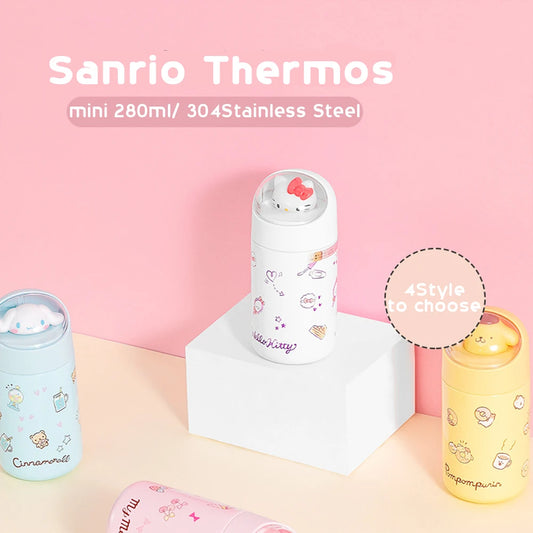 Sanrio Stainless Steel 304 Thermos Kawaii 280ML Hello Kitty Cinnamoroll Melody Vacuum Flask Water Bottle Tumbler Girls Gifts
