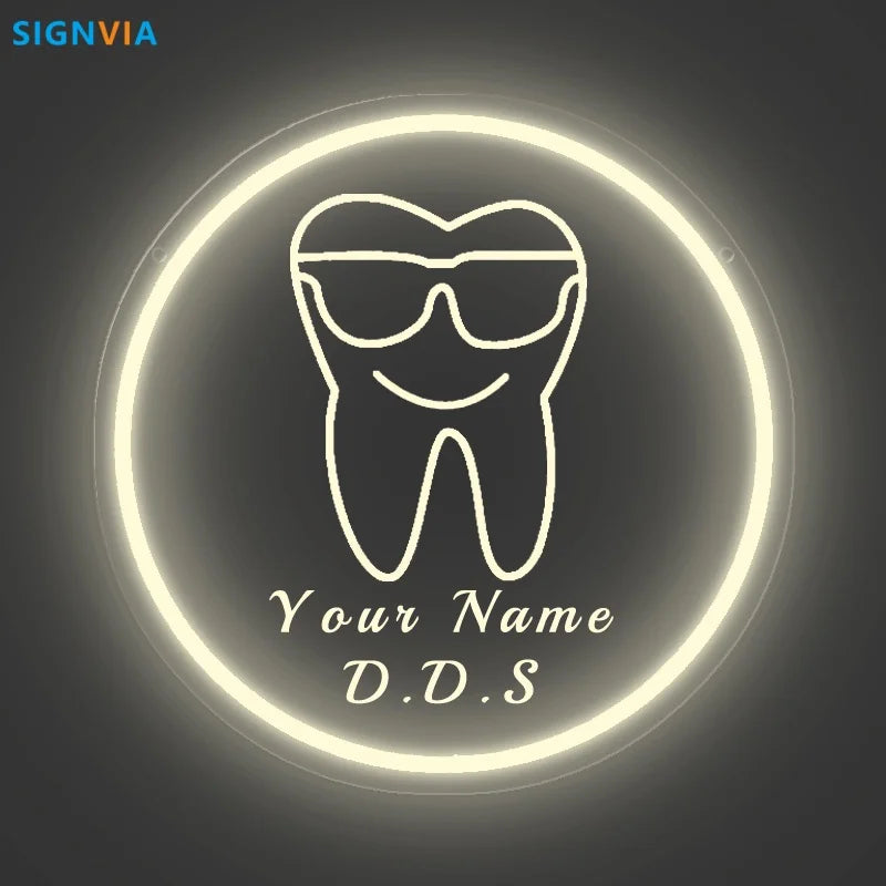 Custom Neon LED Tooth Sign with Glasses USB-Powered Wall Decor for Dental Parties Personalized Name White Light Circular Decor