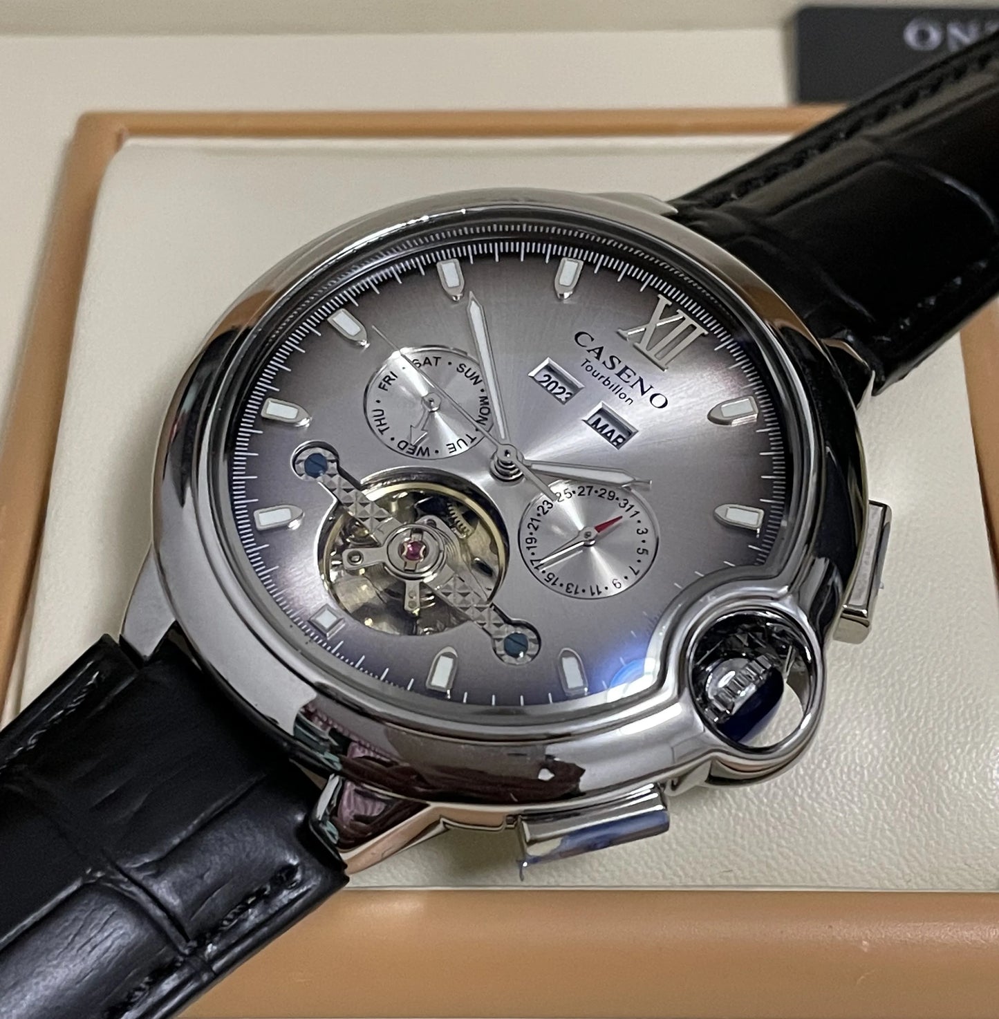 CASENO Fashion Trend Men's Blue Light Glass Night Light Scale Multi functional Fully Automatic Tourbillon Mechanical Watch 831BG